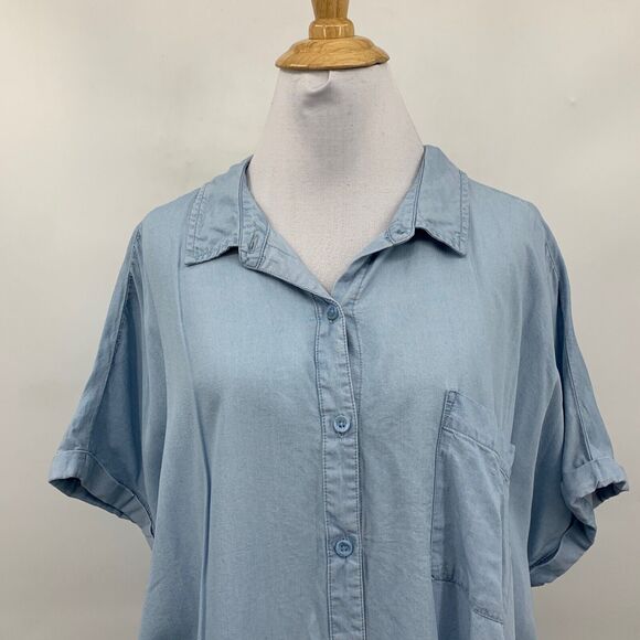 Ecothreads Shirt Womens XXL 2XL Blue Button Up Chest Pocket Lyocell Short Sleeve - Picture 3 of 10